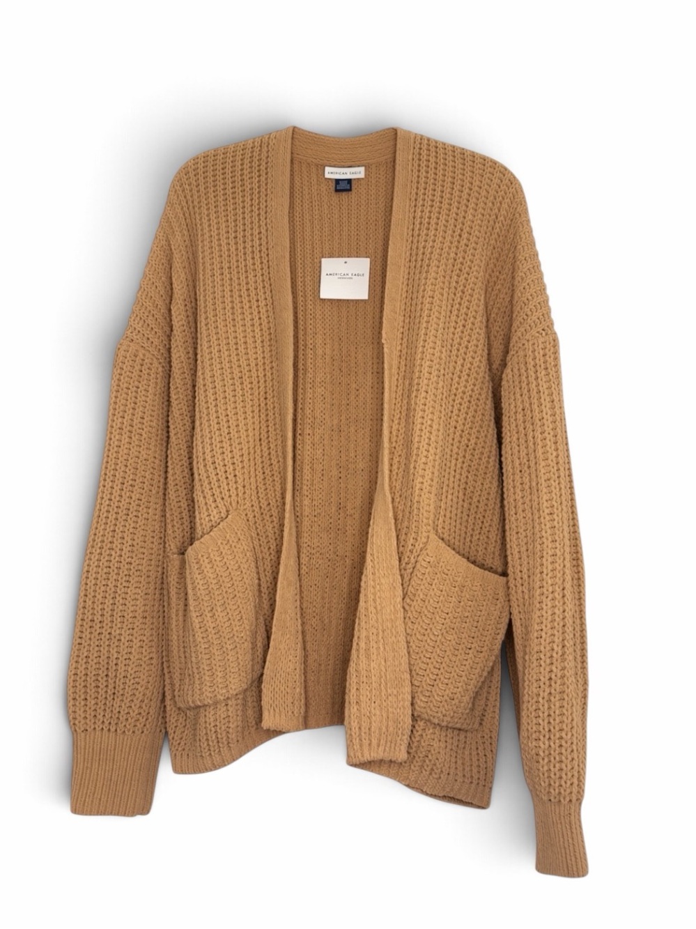 American Eagle Waffle-Knit Open Cardigan - Camel